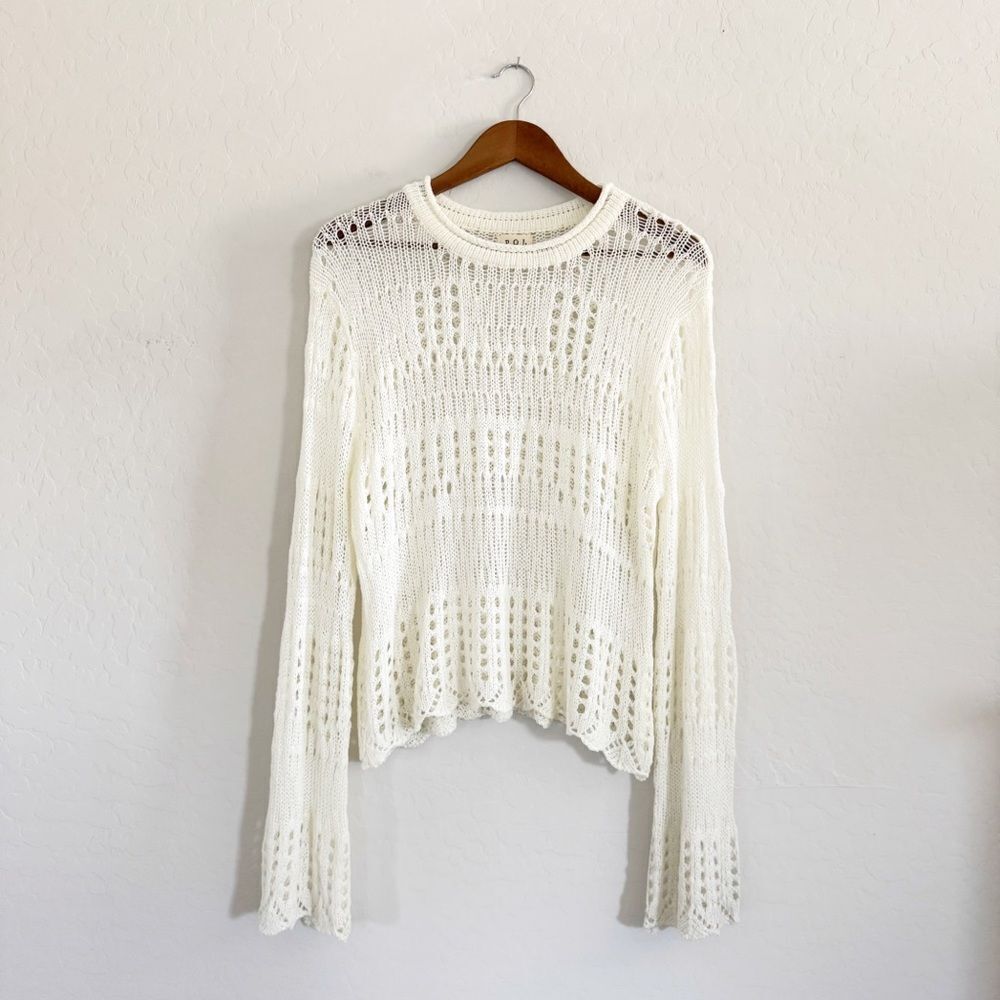 NEW POL Open Weave Crochet Knit Bell Sleeve Sweater in Cream Off White Size S